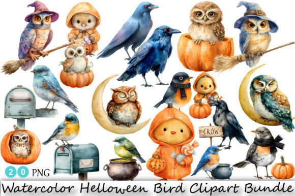 Bring Spooky Charm to Your Creations with the Watercolor Halloween Bird Clipart Bundle