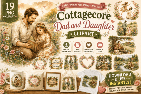 Cottagecore Dad and Daughter Clipart: Capturing Rustic Family Moments