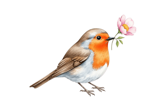 Cute Robin Bird Holding Pink Flower: A Versatile Easter Design Asset