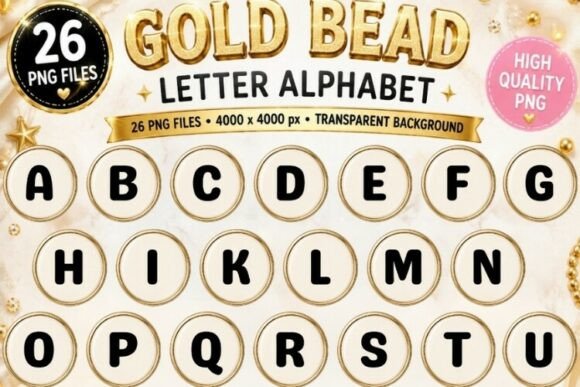 Elevate Your Designs with the Gold Bead Alphabet PNG Bundle