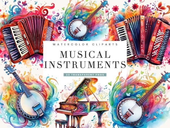 Harmonizing Design: Elevating Projects with Watercolor Musical Instruments Clipart