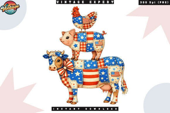 Patriotic Cow Pig Chicken Patchwork PNG: Elevating Americana Crafts with Vintage Charm