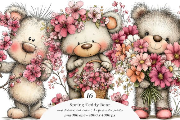 Spring Teddy Bear Clipart Bundle