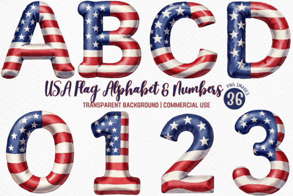 USA Flag Alphabet Numbers Clipart PNG Guide