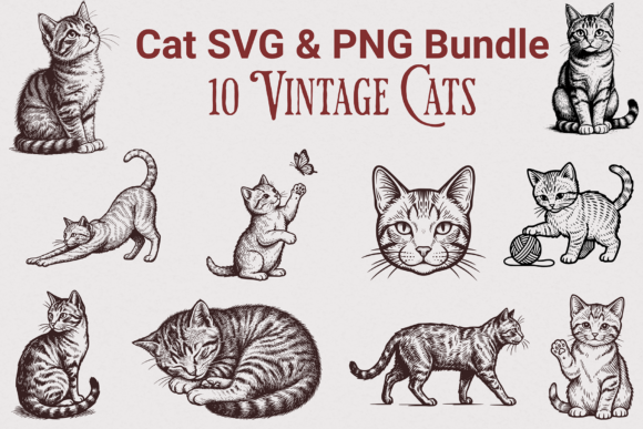 Vintage Cat Clipart, Kitten SVG PNG Set: A Creative Resource for Crafters and Designers