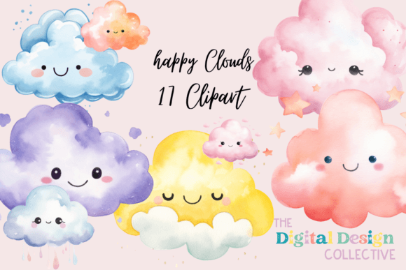 Watercolor Happy Clouds Clipart Bundle