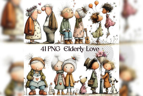 Whimsical Elderly Love Clipart Set: Capturing Timeless Romance in Digital Design